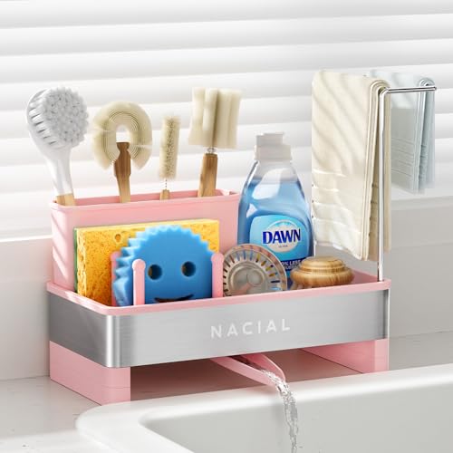 Nacial Sponge Holder for Kitchen Sink, Sink Caddy Organizer with High Brush Holder & Two Towel Racks - Rustproof 304 Stainless Steel Kitchen Countertop Storage Essentials - Pink - color: Pink Dahlia