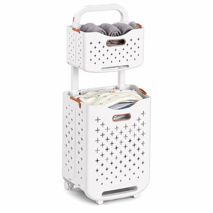 Collapsible Laundry Basket Organizer, 2-Tier Foldable Laundry Sorter with Wheels & Wall Mount, Space-Saving Slim Laundry Hamper with Removable Bins, 80L Capacity for Bathroom, Dorm & Small Spaces - size: 2-Tier