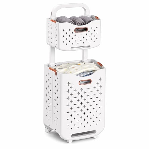 Collapsible Laundry Basket Organizer, 2-Tier Foldable Laundry Sorter with Wheels & Wall Mount, Space-Saving Slim Laundry Hamper with Removable Bins, 80L Capacity for Bathroom, Dorm & Small Spaces - size: 2-Tier