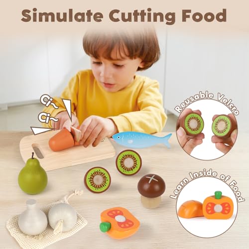 Lehoo Castle Wooden Play Food Sets for Kids Kitchen, Grocery Food Toys for Toddlers 3+ Year Old, Cutting Fruits Vegetables Meat Fish Shopping Bag, Pretend Play Kitchen Accessories Gift for Boys Girls