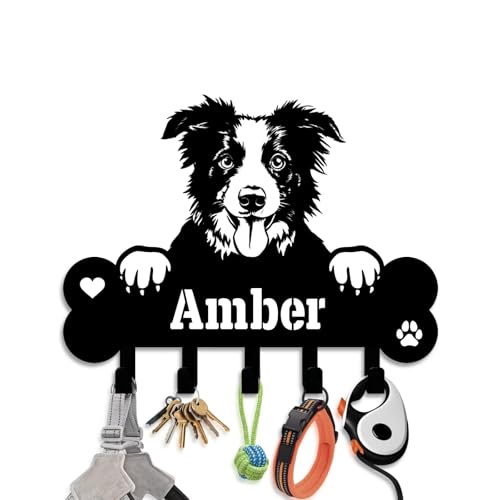 NIWAHO Dog Leash Holder for Wall Personalized - Border Collie Custom Metal Sign with Bone Key Hooks, Entryway Mudroom Organizer Rack, Pet Room Decor - color: Border Collie