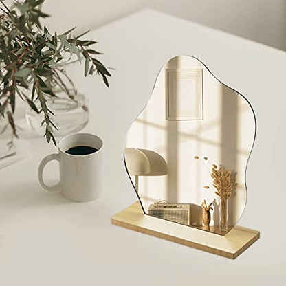 Irregular Aesthetic Vanity Mirror, Frameless Acrylic Decorative Desk Tabletop Mirror with Wooden Stand Funky Makeup Mirror for Living Room Bedroom and Minimal Spaces Home Decor (Cloud Shape), White