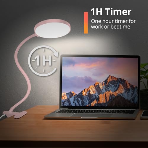 iFalarila Reading Light with Remote, LED Desk Lamp Clip on [1H Timer & Nightlight] RA>95 Dimmable Flexible Gooseneck, Reading Lamp with Clamp for Table - 4.7'' (Adapter Included) - style: 4.7'' Pink