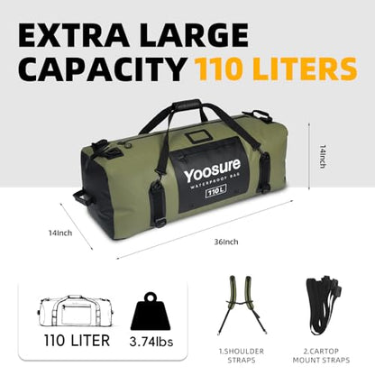 Waterproof Duffel Bag 110L - Marine Dry Bag with 700D PVC & Airtight Zipper, Extra Large Duffle Bag for Camping, Rafting, Kayaking, Boating, Car Roof Storage (Green) - color: Green