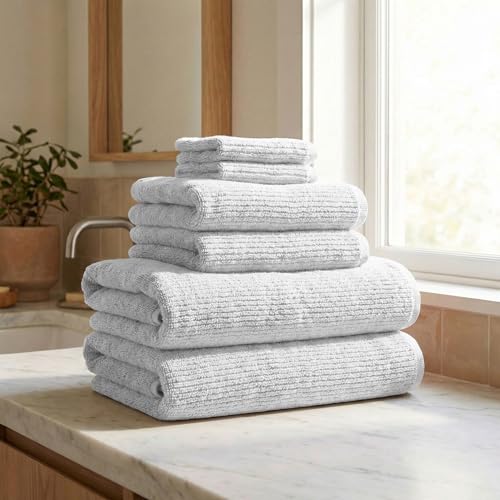 Great Bay Home Turkish Cotton 6 Piece Towel Set - Absorbent, Quick-Drying, Ribbed Bath Towels for Bathroom - Zero-Twist Fibers (White) - color: White