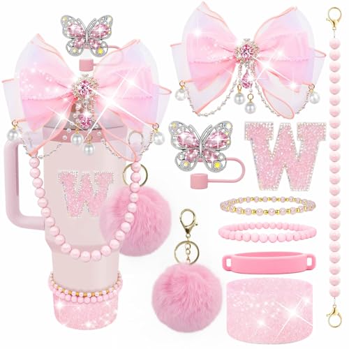 Letter Stickers Bling Accessories Set for Stanley 40/30/20 oz Tumbler: Bow Straw Topper, Charms, Butterfly Cap, Pearl Strap, Silicone Boot, Accessories for Stanley Quencher H2.0 - color: Pink Peony, style: W