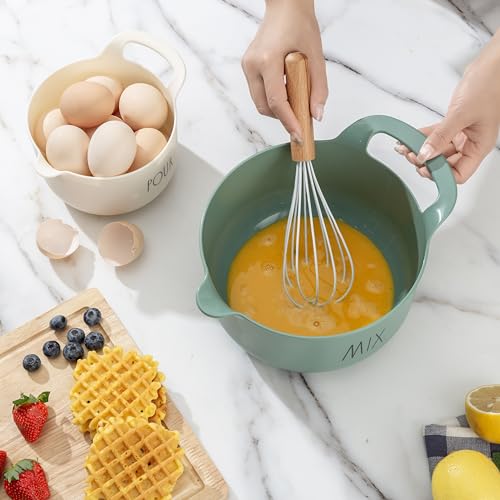 Rae Dunn Non-Slip Mixing Bowls - 4 Piece Nesting Plastic Mixing Bowl Set with Pour Spouts and Handles-Measurement Markings (Sage) - color: Sage