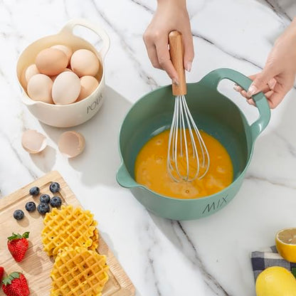 Rae Dunn Non-Slip Mixing Bowls - 4 Piece Nesting Plastic Mixing Bowl Set with Pour Spouts and Handles-Measurement Markings (Sage) - color: Sage