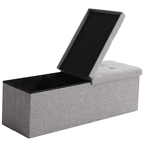 45.3 Inches Foldable Seat Footrest Shoe Bench End of Bed Storage with Flipping Lid, 166L Upholstered Tufted Bench, Linen Fabric Grey - color: Light Grey, size: 45.3" Flip