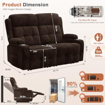 RV Loveseat Recliner Sofa, Reclining Loveseats Couch for RV Furniture, Home Theater Seating with Massage, USB, Insert Pockets, Cup Holders, 150° Wall Hugger RV Recliners Sleeper Sofa - color: Velvety Brown, size: Loveseat-G1