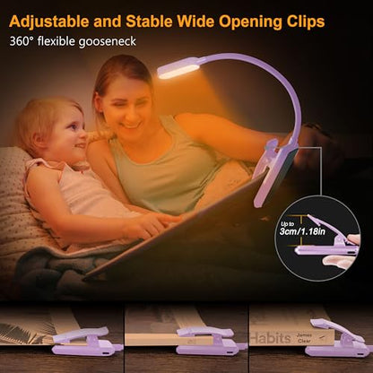 Gritin 16 LED Rechargeable Book Light for Reading in Bed- Eye Caring 3 Color Temperatures, Stepless Dimming Brightness, 80 Hrs Runtime, Lightweight Flexible Clip on Light for Book Lovers-Purple | Eye Caring 3 Color Temperatures, Stepless Dimming Brightnes