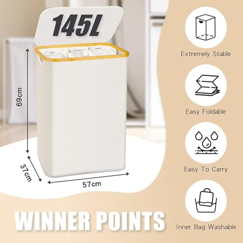 Extra Large 3 Section Dirty Clothes Laundry Basket with Lid, Dirty Clothes Hampers with Removable Bags for bedroom and Laundry Room, Beige - color: Beige, size: 145L