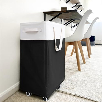 Goodpick Rolling Laundry Hamper with Wheels 75L, Black Laundry Hamper for Dirty Clothes, Collapsible Laundry Basket with Removable Wash, Black Laundry Basket with Wheels - color: Black & White
