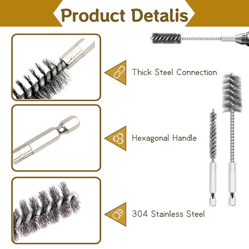 16 Pcs Stainless Steel Bore Brush Set - 5" Extended & 4" Standard Wire Brushes for Drill with 1/4" Hex Shank, Bore Cleaning Brush Set for Rust Removal, Tube, Pipe & Hole Cleaning, 5/16" to 1" Sizes