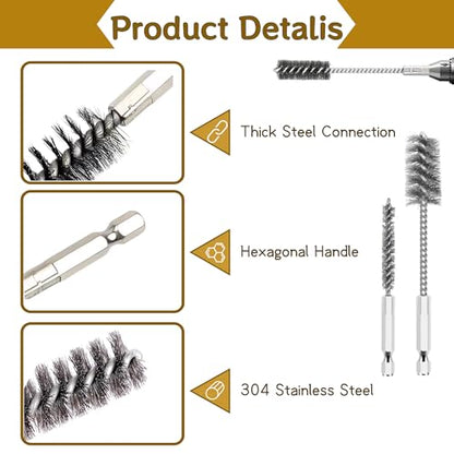 16 Pcs Stainless Steel Bore Brush Set - 5" Extended & 4" Standard Wire Brushes for Drill with 1/4" Hex Shank, Bore Cleaning Brush Set for Rust Removal, Tube, Pipe & Hole Cleaning, 5/16" to 1" Sizes
