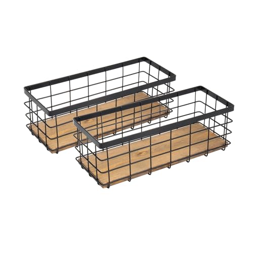TIEYIPIN Farmhouse Small Metal Wire Storage Basket Bin, Rustic Home Storage Organizer with Wooden Bottom for Kitchen, Cabinets, Bathroom Counter, Pantry, Garage, Laundry Room - Black (2 Pack) - color: Black, size: 2 Pack