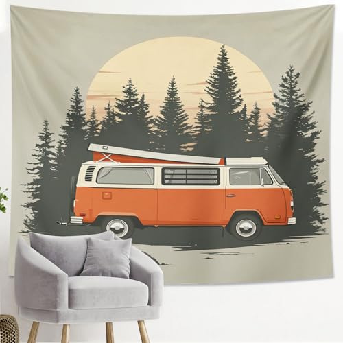 Generic retro van tapestry, orange forest adventure van wall hanging art, summer road trip decor, perfect for living room bedroom dorm 40x60 inch - size: 40"L x 60"W