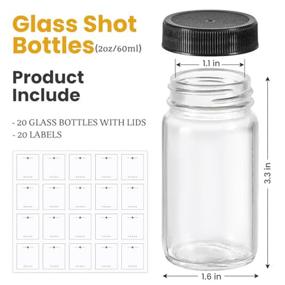 20 PACK 2 oz Glass Shot Bottles w/ Black Lids & 20 Labels - Small Clear Jar for Ginger, Wellness Shot, Juice, Sample, Whiskey - Travel Essentials Mini Bottles - Wide Mouth, Leakproof, Dishwasher Safe - color: Black Lid, size: 20 Pack
