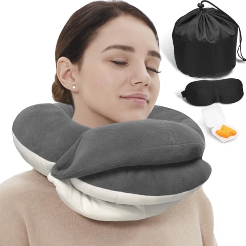 BUYUE Travel Neck Pillows for Airplanes, Memory Foam 360° Head Support Sleep for Long Flight, Skin-Friendly & Breathable, Kit with Eye Mask, Earplugs and Storage Bag (Adult, Grey, 90+ lbs) - color: Grey, size: Adult