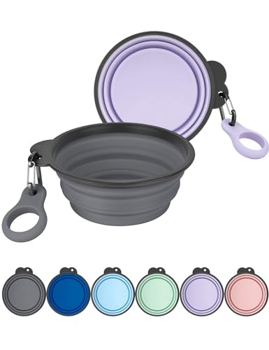 Aonkey Collapsible Dog Bowls with Bottle Carrier, 2 Pack Travel Dog Water Bowl Upgraded Carabiner, One-piece Molded Rim No Fall Off or Crack, Foldable Silicone Portable for Pets Walking Hiking 37oz - color: 9. Gray & Light Violet, size: Large (Pack of 2)