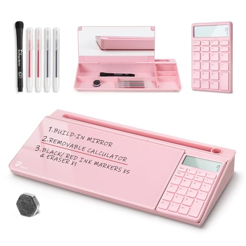 TOWON Desk Dry Erase Board with Detachable Calculator, Small Glass Desktop Whiteboard, Desktop whiteboard - Glass Dry Erase White Board- Desk Computer Buddy for Home Office Supply, Pink, 17 x 6 in - color: Pink Calculator
