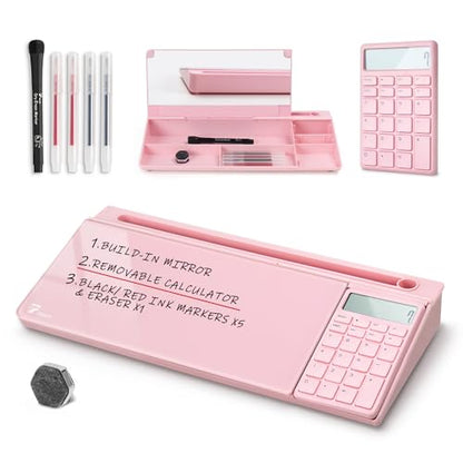 TOWON Desk Dry Erase Board with Detachable Calculator, Small Glass Desktop Whiteboard, Desktop whiteboard - Glass Dry Erase White Board- Desk Computer Buddy for Home Office Supply, Pink, 17 x 6 in - color: Pink Calculator
