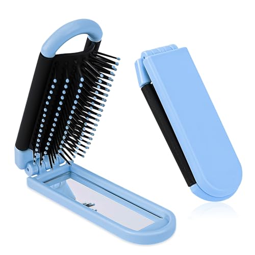 Folding Hair Brush with Mirror for Women, Foldable Travel Hairbrush with Soft Nylon Bristles Collapsable Pocket Size Brush Mini Scalp Compact Massage Comb Hair Styling Tools for Gym,Trip,Purse,Locker - color: Light Blue