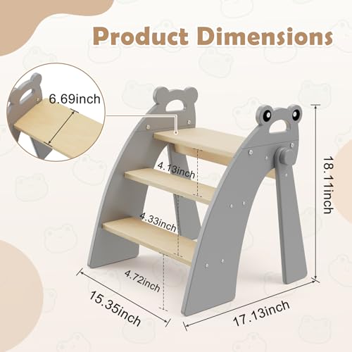 Wooden 3 Step Stool for Kids Bathroom Sink Foldable Anti-Slip, Child Stepping Stool for Kitchen Nursery Bedroom, Sturdy Non Slip Adult Stool for Closet - color: Grey Frog