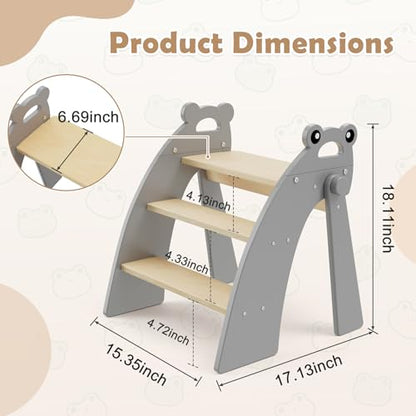 Wooden 3 Step Stool for Kids Bathroom Sink Foldable Anti-Slip, Child Stepping Stool for Kitchen Nursery Bedroom, Sturdy Non Slip Adult Stool for Closet - color: Grey Frog