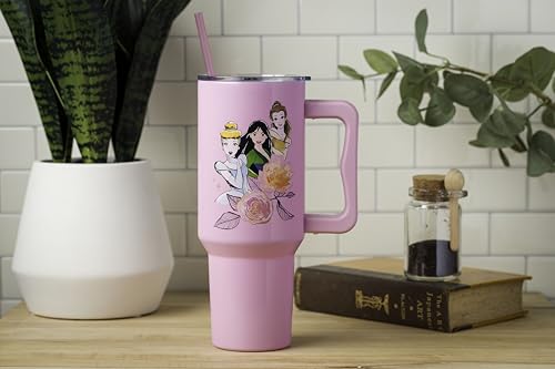 Silver Buffalo Disney Princess Featuring Cinderella, Mulan, Belle, Ariel, Tiana, and Jasmine Double Walled Stainless Steel Tumbler with Handle and Straw, Fits in Standard Cup Holder, 40 Ounces - color: Disney Princesses