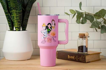 Silver Buffalo Disney Princess Featuring Cinderella, Mulan, Belle, Ariel, Tiana, and Jasmine Double Walled Stainless Steel Tumbler with Handle and Straw, Fits in Standard Cup Holder, 40 Ounces - color: Disney Princesses