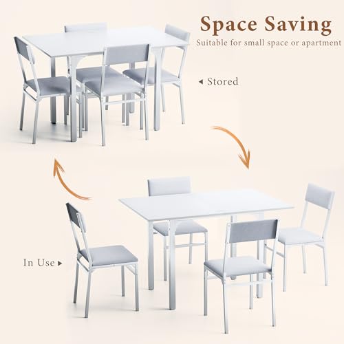 HUAHUU Dining Table Set for 4, Extendable Kitchen Table Cushion Chairs Set of 4, Rectangle Dining Table with Metal Frame & MDF Board, Folding for Small Apartment Saving Space, White - color: White