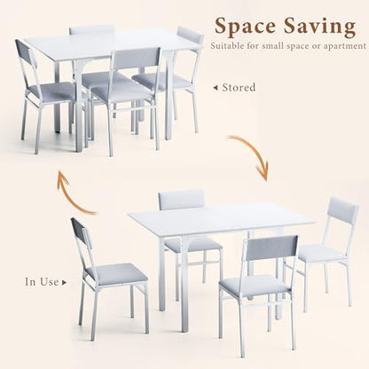 HUAHUU Dining Table Set for 4, Extendable Kitchen Table Cushion Chairs Set of 4, Rectangle Dining Table with Metal Frame & MDF Board, Folding for Small Apartment Saving Space, White - color: White
