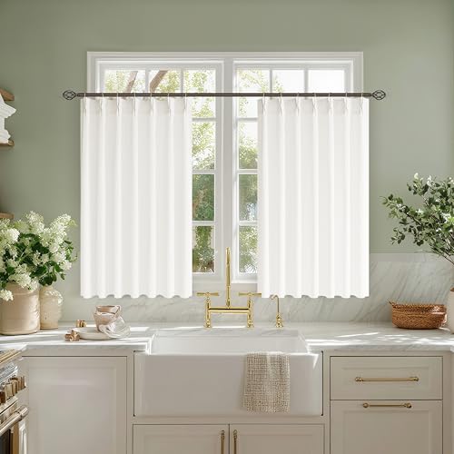 Cream Linen Cafe Curtains 36 Inch Length Pinch Pleated Light Filtering Semi Sheer Mini Curtains for Small Window Basement Bathroom Pinch Pleat Farmhouse Short Sheer Kitchen Drapes Laundry Room RV - color: Natural, size: 40"W x 36"L (Pack of 2)