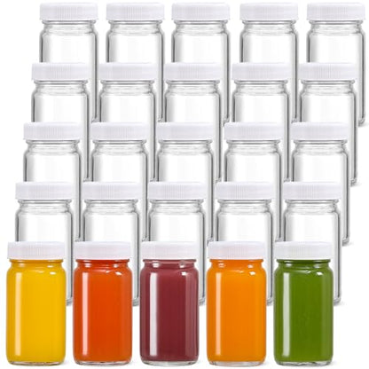 25 Pack 2 oz Glass Shot Bottles w/ White Lids & 25 Labels - Small Clear Jar for Ginger, Wellness Shot, Juice, Sample, Whiskey - Travel Essentials Mini Bottles - Wide Mouth, Leakproof, Dishwasher Safe - color: White Lid, size: 25 Pack