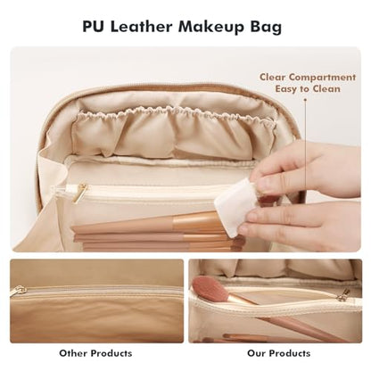Prite Makeup Bag for Women Travel Waterproof Vegan Leather Cosmetic Bag Open Flat Toiletry Bag With Clear Divider and Handle (Beige, Large) - color: Beige, size: Large
