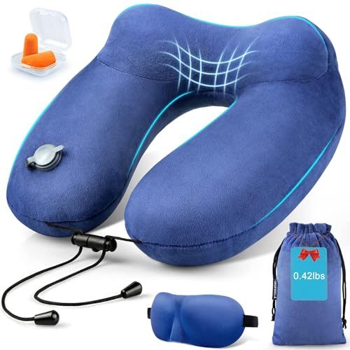 Inflatable Travel Neck Pillow for Airplanes, Super Soft Velvet Neck Support, Adjustable Firmness, Blow Up Plane Pillow for Long Flights, Road Trips, Travel Essentials with Eye Mask, Earplug - color: Premium Blue
