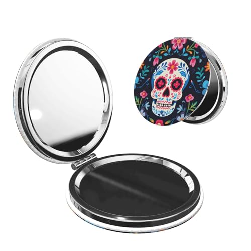 Mexican Sugar Skull and Flowers Print Foldable Travel Pocket Mirror Round PU Leather Portable Mini Makeup Double Sided Handheld Magnifying,2.6 in - color: Mexican Sugar Skull and Flowers