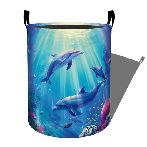 Cute Dolphin Coral Reef Fishes Laundry Basket with Handles, 19.7"x15.7" Clothes Foldable Laundry Hamper Organizer for Dorm Nursery Bedroom Bathroom Decor, Toy Storage Bin for Kids - style: Dolphin25