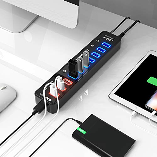 Powered USB 3.0 Hub, USB 3.0 Data Hub 11 Ports - 7 USB 3.0 Data Ports + 4 Smart Charging Port with Individual On/Off Switches and 12V/4A Power Adapter USB Hub 3.0 Splitter