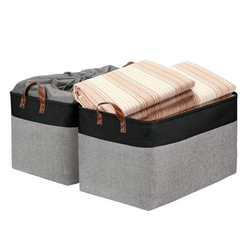 DULLEMELO Extra Large Storage Basket 22X15, 70L Foldable Fabric Toys Baskets Organizer Bins, Black&Grey - color: Black&Grey-Leather Handles, size: Upgrated/2P-22"x15"x13"