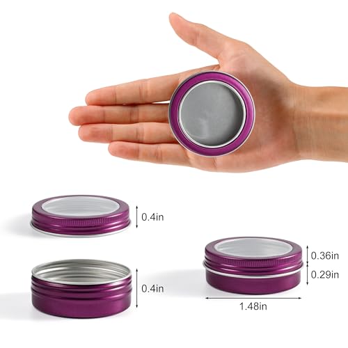 2 oz (60ml) Purple Aluminum Tins with Clear Lids and Labels, 24 Pack | Clear View Lid, Secure Packaging, Tight Screw Lids, Includes Blank Labels, 11 Color Options - color: Purple