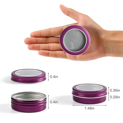 2 oz (60ml) Purple Aluminum Tins with Clear Lids and Labels, 24 Pack | Clear View Lid, Secure Packaging, Tight Screw Lids, Includes Blank Labels, 11 Color Options - color: Purple