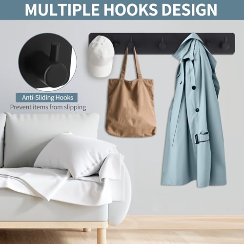Dntorx Coat Rack Wall Mount, Black Coat Hooks with 5 Hooks Heavy Duty Metal Towel Hook Rail Adhesive & Screw in Door Hooks Hanger Organizer Wall for Towels, Clothes, Hat - style: "T" shape