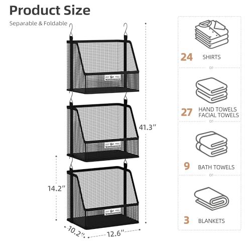 STORAGE MANIAC 3 Tier Hanging Closet Organizer with Mesh Baskets, Clothes Hanging Shelves, Foldable Stackable Storage, Space-Saving Collapsible Basket with Hooks for RV, Dorm, Bedroom, College, Black - size: 3 Tier