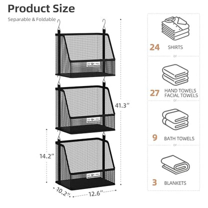 STORAGE MANIAC 3 Tier Hanging Closet Organizer with Mesh Baskets, Clothes Hanging Shelves, Foldable Stackable Storage, Space-Saving Collapsible Basket with Hooks for RV, Dorm, Bedroom, College, Black - size: 3 Tier
