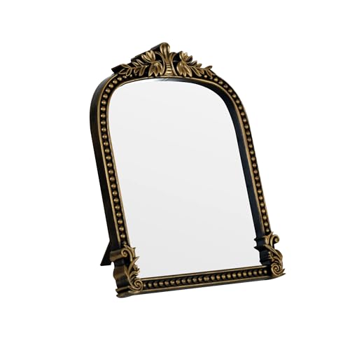 Vintage Gold Plastic Arched Makeup Mirror, Standing, Hanging or Wall Mount, Bathroom, Living Room, Bedroom Decorative Mirror (Bronze-10.6x8.6 inch) - color: Bronze