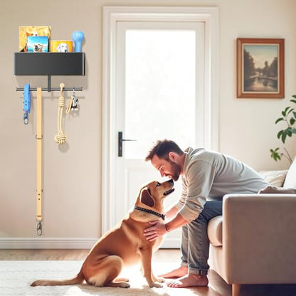 Dog Leash Holder for Wall, Dog Leash Hooks, Wall Mounted Leashes Hangers, Dog Storage Organizer, Key Holder with Storage Shelf, Pet Stuff Organizer for Pet Toys, Collar, Treats, Poop Bag (Black)