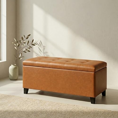Asense Storage Ottoman Bench, 33" Faux Leather Upholstered End of Bed Bench with Safety Hinge,Wooden Legs,for Entryway Bedroom Living Room - color: 33" Brown Faux Leather