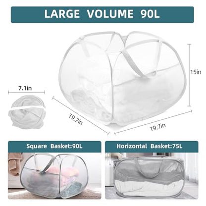 Bemkoo Collapsible Laundry Basket, 90L Large Foldable Mesh Pop Up Hamper for Laundry, Dirty Clothes, Bedroom, Bathroom, Dorm, Laundry Room, Travel, Camping, White - color: White